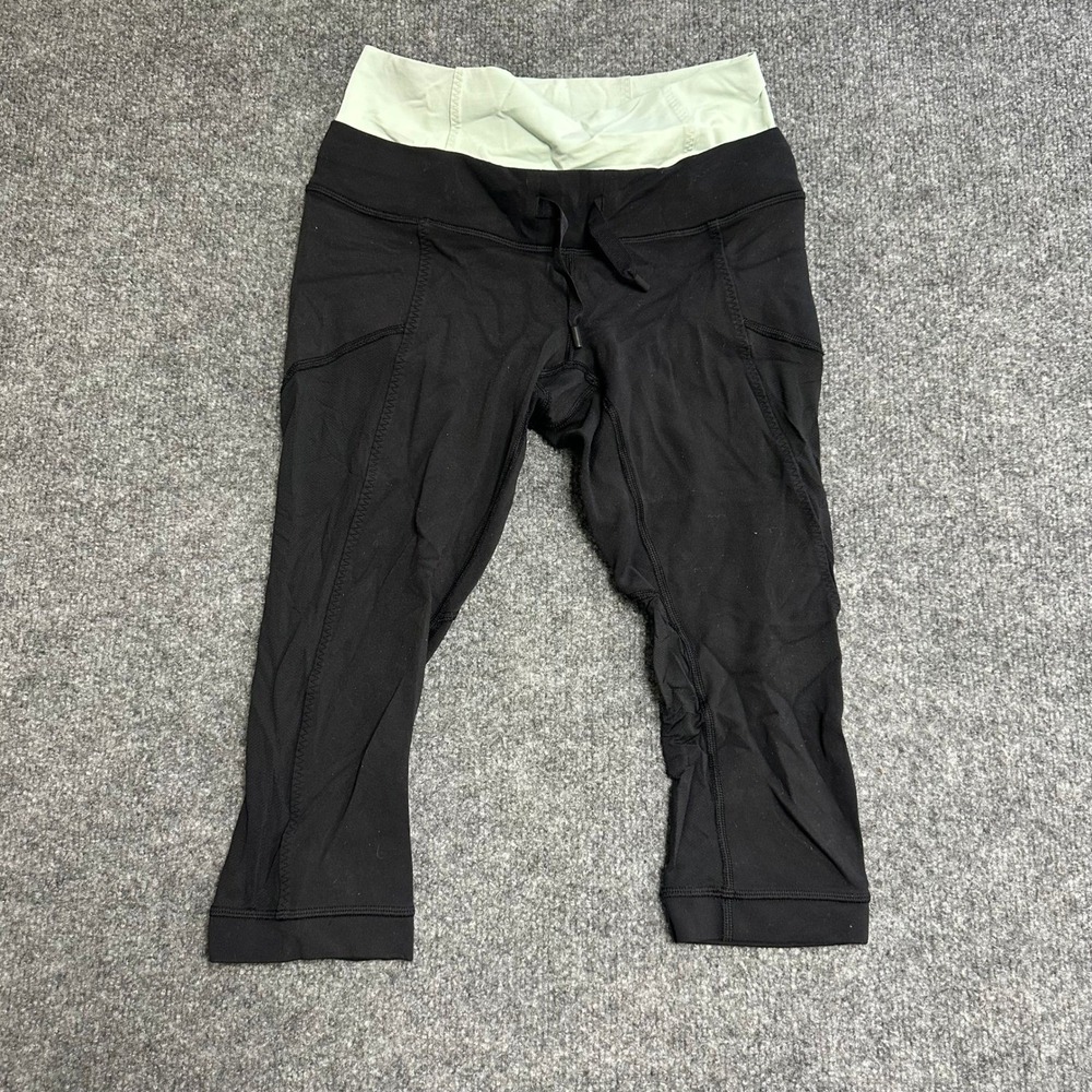 Lululemon Leggings Womens Size 4 Black Green Crop Athletic Yoga Drawstring
